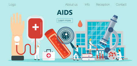 AIDS and HIV health care concept vector for landing page. Tiny doctors check donor bloodのイラスト素材