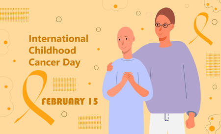 International Childhood Cancer Day is celebrated in February 15. Yellow ribbon with text.のイラスト素材