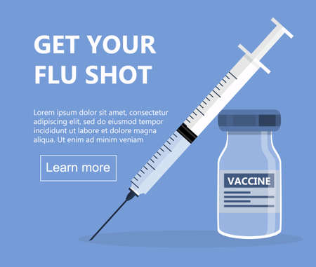 Flu shot concept om the blue background. Time to vaccinate. Get your flu shot. Syringe with vaccine bottle. Immunization vector illustration for website, apps, poster, banner.のイラスト素材