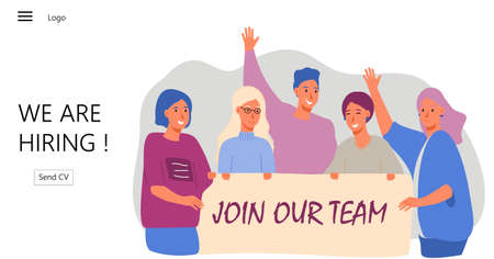 Group of people shouting and taking banner with join our team word vector. We are hiring illustration concept, it can be used for landing page, template, ui, mobile app, poster, banner, flyerのイラスト素材