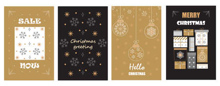 Christmas balls on greeting xmas cards in outline, scandinavian style. Snowflake are falling. Promo...