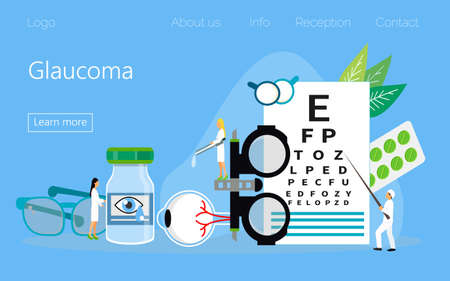 Glaucoma treatment concept vector. Medical ophthalmologist eyesight check up with tiny people character. It can e used for wallpaper, banner, flyer, card, website, landing page.のイラスト素材