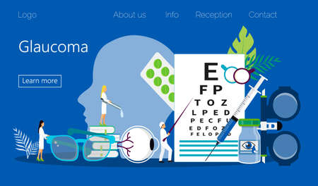 Glaucoma treatment concept vector. Medical ophthalmologist eyesight check up with tiny people character. It can e used for wallpaper, banner, flyer, card, website, landing page.のイラスト素材