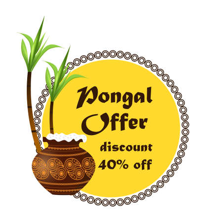 Happy Pongal festival is Hindu harvest traditionally dedicated to the Sun God Surya and celebrated in Tamil Nadu. Pongal offer and discount stickers with pot. Set of sale tags vector.のイラスト素材