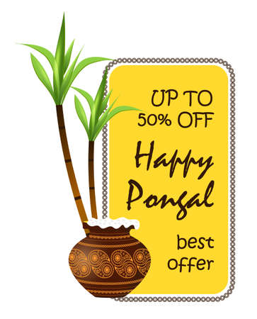 Happy Pongal festival is Hindu harvest traditionally dedicated to the Sun God Surya and celebrated in Tamil Nadu. Pongal offer and discount stickers with pot. Set of sale tags vector.のイラスト素材
