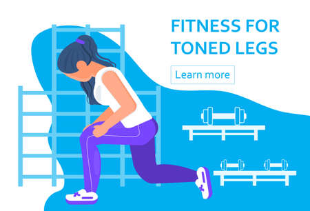 Fitness for toned legs. Woman doing lunges to work thighs, butt. Workout, exercise for strong legs. Pilates, scratching concept vector. Active life, weight loss in gym for website, landing page.のイラスト素材