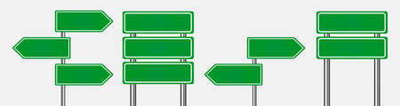 Green road signs. Blank traffic label are empty. Caution, attention, stop banners are shown for transport. Safety, danger, boards street guide vector for route.のイラスト素材