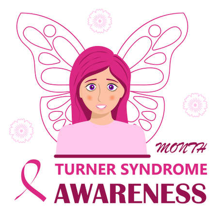 Turner Syndrome awareness month is celebrated ib February. Pink butterfly symbol vector on white background . Believe in miracles text and crimson ribbon. Signs, health issues of TS are shown.のイラスト素材