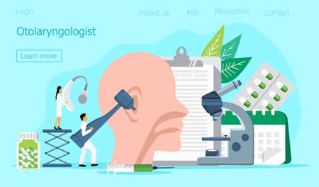 Otolaryngologist vector web template for landing page, header. Tiny doctors treat and exemine patient ear, nose and throat. Otolaryngology health careconcept. Rally and various deaf awarenessのイラスト素材