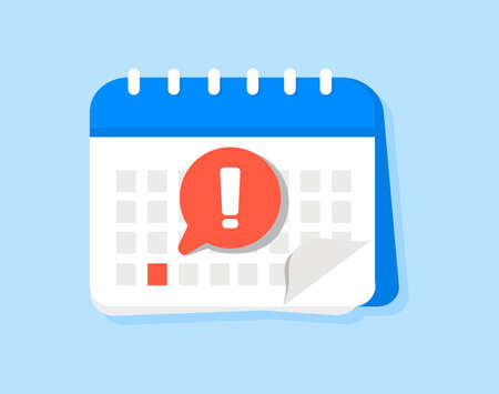 Deadline calendar vector icon. Attention or reminder notification of event flat sign with selected important event. Alert message notification on online calendar or planner.のイラスト素材