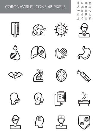 Coronavirus icons vector. Infected human sign illustration. CoV-2019 prevention, coronavirus symptoms. Icons of fever, chill, sinusitis, diarrhea are shown.のイラスト素材