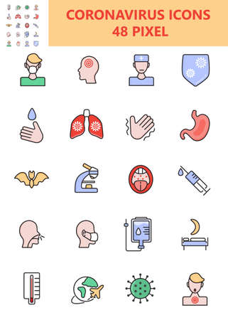 Coronavirus icons vector. Infected human sign illustration. CoV-2019 prevention, coronavirus symptoms. Icons of fever, chill, sinusitis, diarrheaのイラスト素材