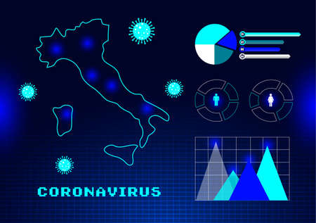 Spreading of coronavirus epidemic in Italy. Flu, influenza spreading on Italy map. Dangerous virus Covid-19 on futuristic grid background. SARS pandemic growth graphs.のイラスト素材