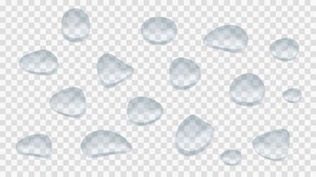 Water drops vector isolated on transparent background. Set of crystal clear bubble droplets. 3d rain drops are shown. Condensation surface or fogged glass. Splash of transparencyのイラスト素材