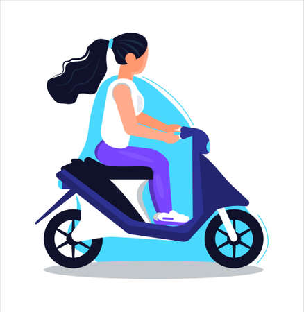 Girl biker vector. Motorcyclist is driving scooter. Woman is riding moped illustration.のイラスト素材