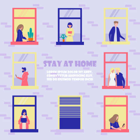 Stay home concept. House facade with windows of apartments. Neighbors are doing daily things. People are drinking tea, talking. Social campaign and support people in self-isolation.のイラスト素材