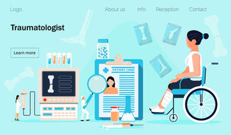 Traumatologist concept vector. Disabled girl with broken leg in clinic. Sport trauma scene. Woman in a wheelchair, and tiny doctors of traumatology treat patient. Rehabilitation illustration.のイラスト素材