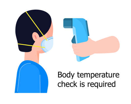 Body temperature check is required. Non-contact thermometer in hand. Human is wearing mask on the face. Coronavirus prevention and controlのイラスト素材