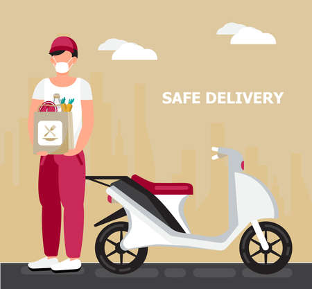 Safe delivery service door to door. Contactless delivery during corona-virus epidemic. Man is carrying box from scooter. Courier is wearing a medical mask.のイラスト素材