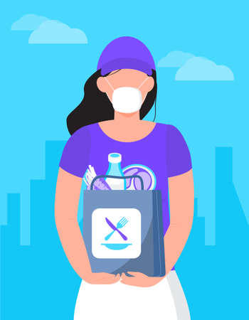 Safe delivery service door to door. Contactless delivery during corona-virus epidemic. Woman is carrying package with food. Courier is wearing a medical mask.のイラスト素材