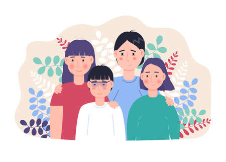 Happy family concept vector. Mother and farther, son and daughter with on botanic, leave background. National foster care month, family day.のイラスト素材