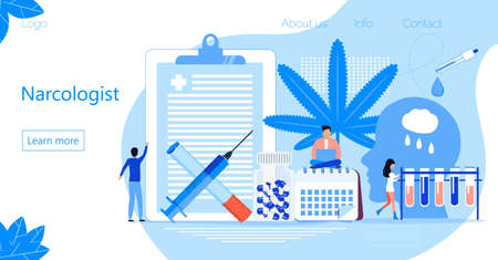 Narcology concept vector for landing page. Tiny narcologist doctors treat human against drug, tobacco addiction. Psychiatrists helps patient, give mental health advice.のイラスト素材