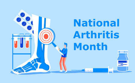 National arthritis month is celebrated in May in USA. Blue ribbon sign. Rheumatism, osteoarthritis problems. Healthcare flat concept vector on the blue background for banner, app.のイラスト素材