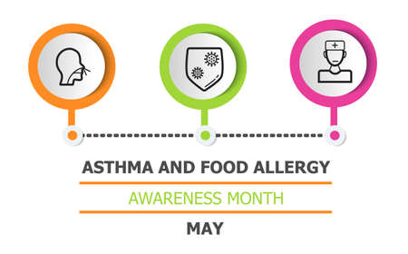 Asthma and food allergy awareness month is celebrated in USA in May. Asthmatic info-graphic vector for health care banner, flyer. Patient, doctor, disease iconsのイラスト素材