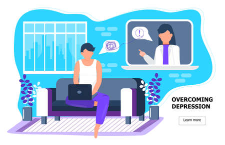 Online psychologist concept vector. Young depressive human receives professional psychology consultation. Depression, sadness, mental health illustration in flat style. Medical, online, help serviceのイラスト素材