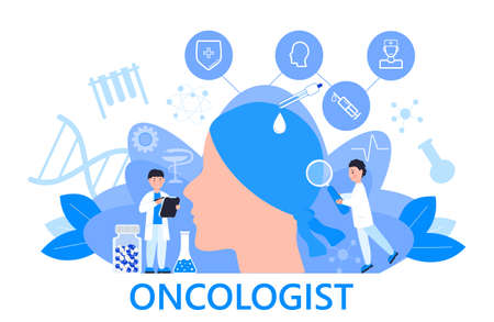 Oncologist concept vector for app, web, blog. Tiny doctors of oncology treat patient and fight with cancer. Innovation therapy illustration. IV fluids and chemotherapy banner.のイラスト素材