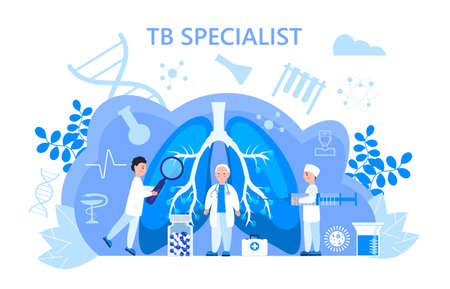 Tuberculosis specialist concept vector. Pulmonary fibrosis, tuberculosis, pneumonia illustration for website, app, banner., Lung diagnosis x-ray machine. Tiny doctors treat, scan lung.のイラスト素材