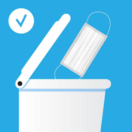 Medical mask is put into bin. Somebody throws away, disposes of used surgical mask. Health care instruction vector illustration.のイラスト素材
