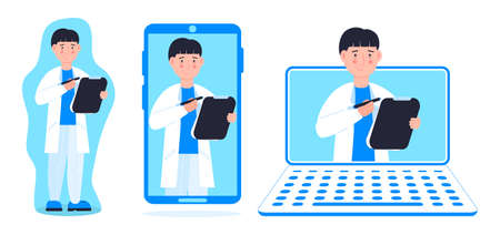 Tele medicine or online doctor. Online medical consultation concept vector. Ask a therapist or family female doctor. Set of andrologist on the laptop, phone screen and standing. Mobile health care.のイラスト素材