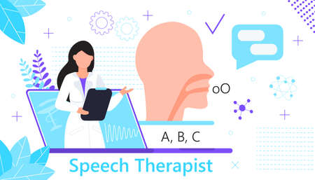Speech therapist for online consultation concept vector. Family doctor for remote and distance medical support. Psychological help service after a stroke for patients.のイラスト素材