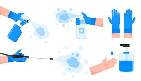Disinfection spray bottles set vector for app, web, landing page. Human in gloves holding pipe of antiseptic spray. Coronavirus prevention are shown. Distinctive liquidsのイラスト素材