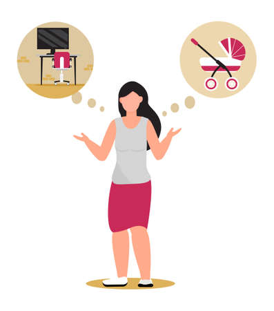 Woman can not choose between family and career. Child free or successful businesswoman concept vector. Hard choice for young girl careerist to decide.のイラスト素材