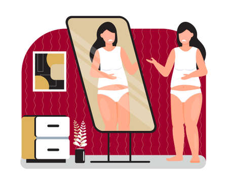 Upset and fat girl is looking in mirror. Obesity concept vector. Depression, mental, disorder problems. Starting a diet illustration. Overweight woman is unhappy with her reflectionのイラスト素材