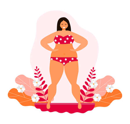 Body positive concept vector. Happy plus size girl wearing swimsuit and smiling. Active healthy lifestyle illustration.のイラスト素材