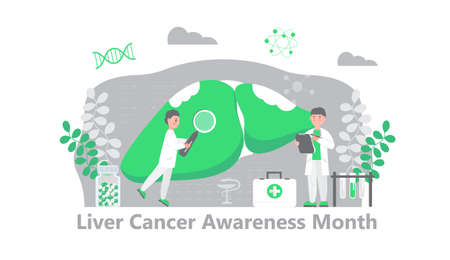 Liver cancer awareness month concept. Tiny doctors treat the liver. Trendy background vector for for website and mobile website developmentのイラスト素材