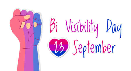 Bisexuality day concept vector. Hand is painted in bisexual pride colors. Heart with pink stripes and 23 September is written. Bi visibility day illustrationのイラスト素材