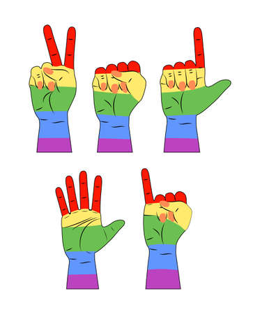 LGBT concept vector for t-shirt, banner, poster, web on the white background. Hands are painted in LGBT pride rainbow colors.のイラスト素材