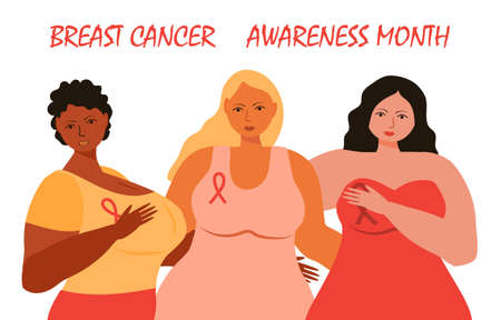 Breast cancer awareness month concept vector. Girls of different race support each other. Pink ribbons om the dresses are shown. Annual international health campaign organized in October.のイラスト素材