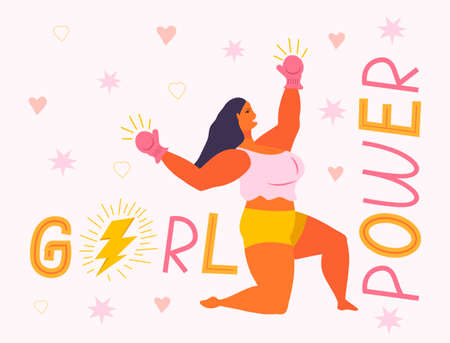 Girl power and feminism concept vector. Latino boxer woman is strong. Thunder lightning in text is shown. Gender equality letterings with stars.のイラスト素材