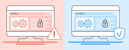 HTTP and HTTPS protocols difference concept vector. Cyber safe, security for website, app are shown....