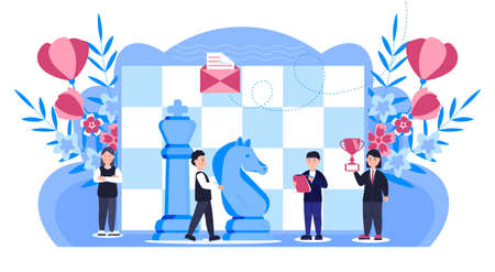 Chess game concept vector. People work. Business, marketing strategy illustration with flower, leaves. Successful teamwork and competition scene. Tiny people play with Queen, Knight in chess.のイラスト素材