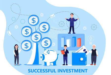 Planting money tree vector. Zero based budget concept. Business investment and financial growth illustration with tiny people. Save money, budget planning, and financial expenses for website, banner.のイラスト素材