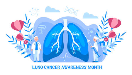 Lung cancer awareness month concept vector. Pulmonary fibrosis, tuberculosis illustration for website, app, banner. Tiny doctors treat, scan internal organ.のイラスト素材