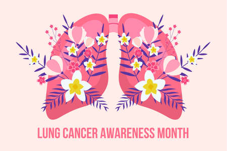Lung cancer awareness month concept vector. Pulmonary fibrosis, tuberculosis illustration for website, app, banner. Internal organ with tropical flower and leaves.のイラスト素材