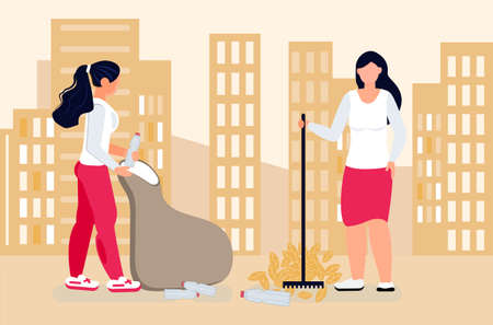 Volunteer concept vector. Social workers gathering litter, leaves, empty bottles. Assistants or welfare workers restore order in the city. Ecological help illustration.のイラスト素材