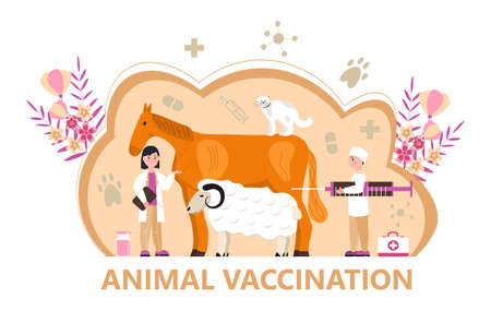 Veterinarian concept vector. Animal doctors diagnosing diseases. Pet health care for website. Veterinary physician treatment illness animals.のイラスト素材
